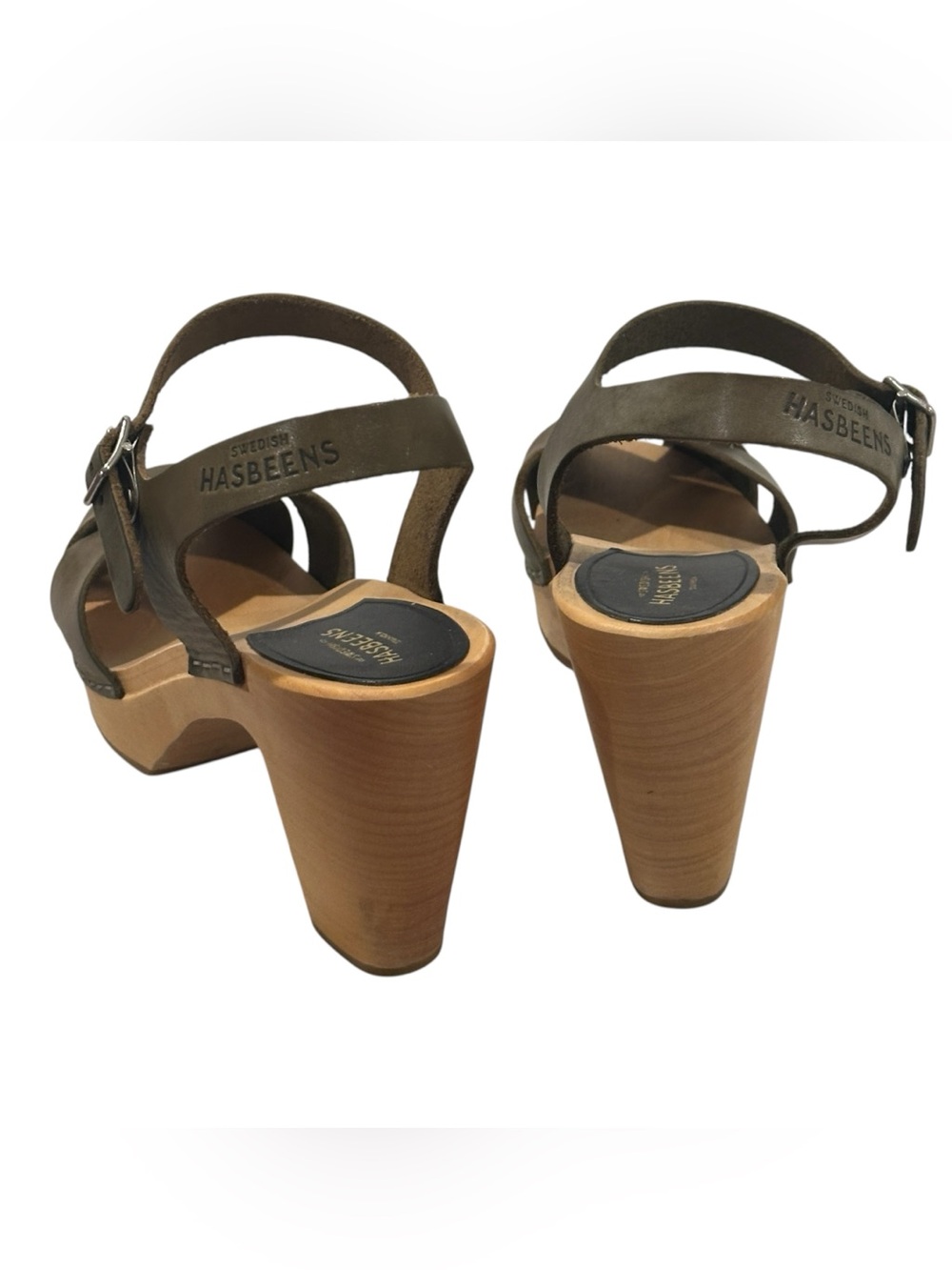 Swedish Hasbeens Merci Sandals Olive Green Sky High Wooden Heels - Picture 4 of 6